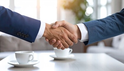 Close-up of two people shaking hands in a bright room, with coffee cups on the table