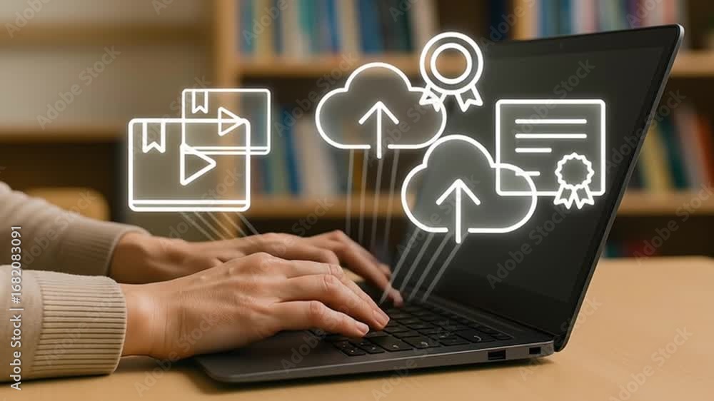 Poster e-learning upload and certificate icons over laptop