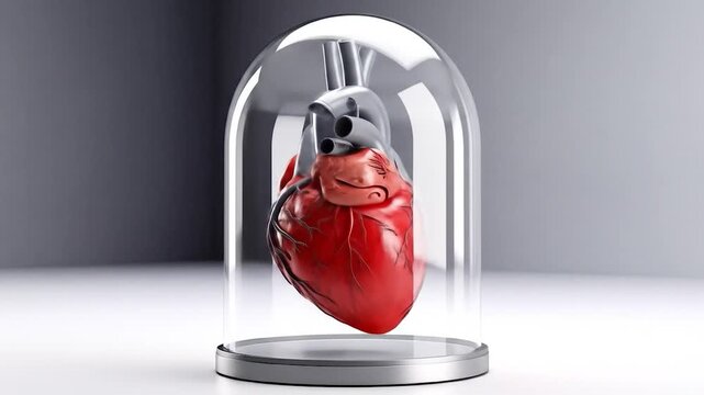 A red anatomical heart encased in a glass dome on a white surface