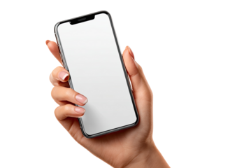 A hand holds a smartphone with a blank screen.  The phone is dark gray, and the hand is light-skinned with  light-pinkish nails