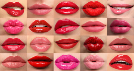 Women's lips with lipsticks of different shades, collage