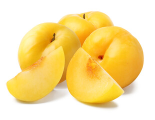 Whole and cut ripe cherry plums isolated on white