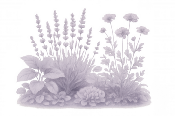 Delicate pencil sketch rendering lavender, peonies blooming amid garden landscape, white negative space surrounding floral composition
