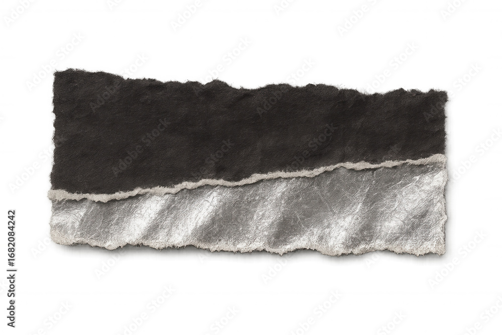 Poster two pieces of black and grey torn paper with jagged edges creating a layered effect on a transparent