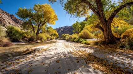 Fototapeta premium Autumnal Reflections Tranquil Riverside Landscape with Golden Trees