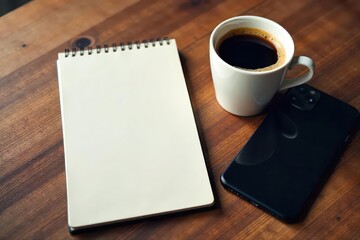 Warm coffee, phone, blank notepad on wooden surface , grain, work, coffee