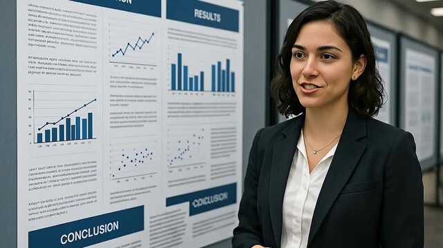 Confident Professional Woman Presenting Research Data with Charts and Graphs at an Academic or Business Conference Poster Session
