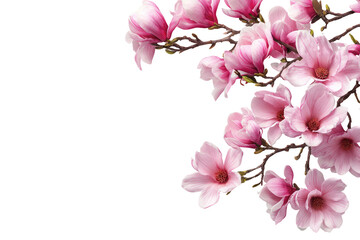 Delicate pink magnolia blossoms in full bloom, arranged in a cluster at the right edge of a black background