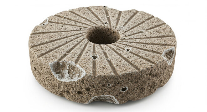 Old weathered circular millstone for grinding grain on an isolated transparent background.