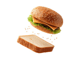 A sesame seed bun burger with cheese and lettuce, and a slice of bread, both appearing to float