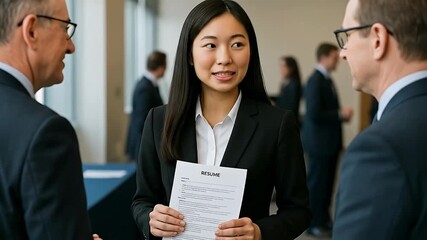 Confident Young Asian Professional Woman Holding Resume, Networking and Interviewing at a Corporate Business Event or Job Fair, Seeking Career Oppo...