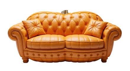 Unique pumpkin-shaped sofa with classic tufting and plush cushions creates a whimsical, cozy seating experience.