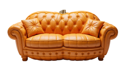 Unique pumpkin-shaped sofa with classic tufting and plush cushions creates a whimsical, cozy seating experience.
