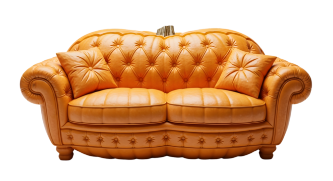 Unique pumpkin-shaped sofa with classic tufting and plush cushions creates a whimsical, cozy seating experience.