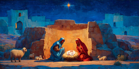 A serene painting of the nativity scene, the birth of Jesus Christ under the night sky