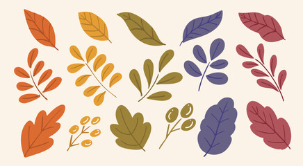 かわいい手書きの秋の葉っぱのイラストセット。紅葉や落ち葉のデザイン素材　ベクター	