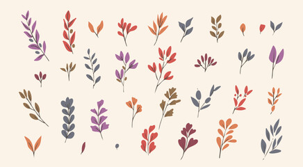 Obraz premium かわいい手書きの植物のイラストセット。紅葉や落ち葉のデザイン素材 ベクター