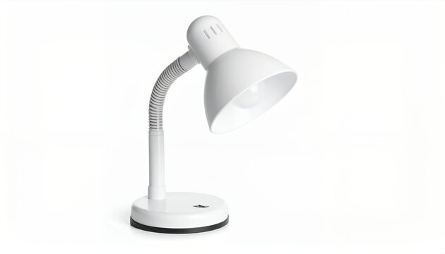 A white desk lamp with a flexible neck and a round base, isolated on white. - Powered by Adobe