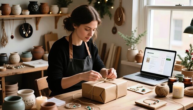 Woman Packaging Gifts in Cozy Workshop with Laptop and Pottery