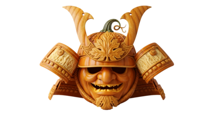 Intricate carved pumpkin samurai helmet mask evokes ancient warrior spirit and autumn harvest traditions