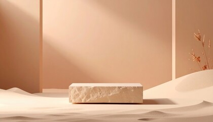 A beige stone platform on a textured, dune-like surface, bathed in sunlight. Reeds grow nearby, and soft shadows add depth to the serene composition
