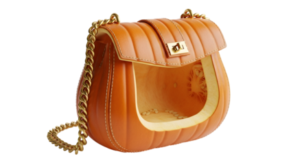 Chic pumpkin handbag with gold chain strap offers unique seasonal style and fashion.