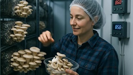 Smiling Woman Harvesting Fresh Oyster Mushrooms in a Modern Indoor Vertical Farm, Showcasing Sustainable Agriculture and Fungi Cultivation - Powered by Adobe