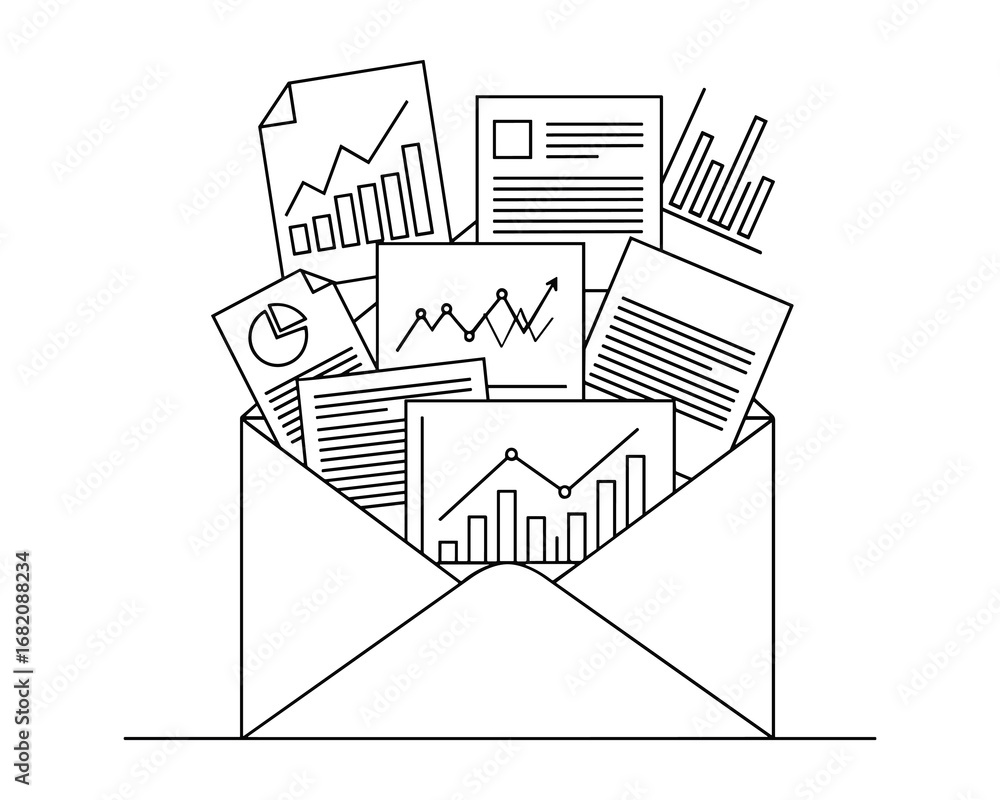 Aufkleber envelope overflowing with financial charts and documents in linear vector style illustration