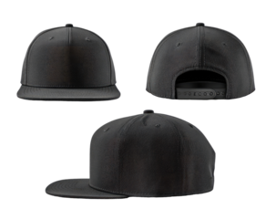 Three-view mockup of a dark gray baseball cap.  Flat bill, structured crown.  Adjustable snapback closure