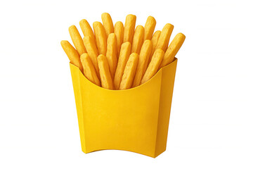 French fries spilling out of a classic yellow cardboard container, ideal for food and restaurant promotions, with transparent background for easy integration into any design