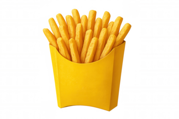 French fries spilling out of a classic yellow cardboard container, ideal for food and restaurant promotions, with transparent background for easy integration into any design