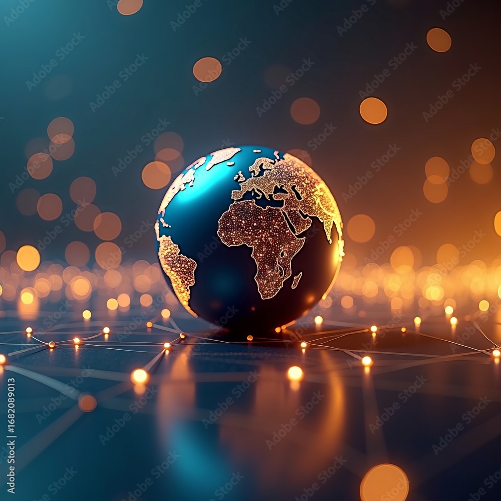 Poster global connectivity and digital innovation concept with illuminated world globe and network lights o