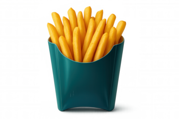 French fries served in a teal colored container with a transparent background, perfect for food and beverage advertising
