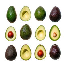 A grid of twelve halved avocados, various shades of green and purple.  Each displays the pit