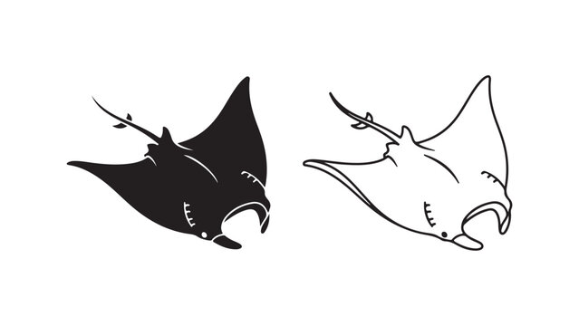 Manta ray outline and silhouette with transparent background