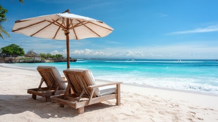 Tropical Beach Scene With Wooden Chairs And Umbrella