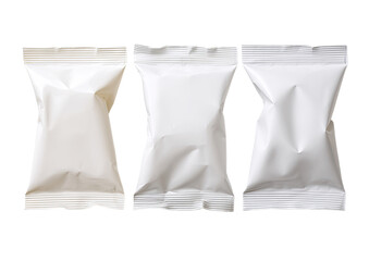 Three blank white snack pouches, arranged horizontally