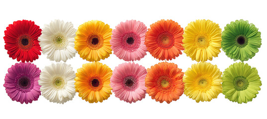 Colorful gerbera daisies arranged in a grid pattern