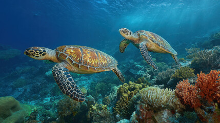 Two green sea turtles swimming underwater near colorful coral reef marine life