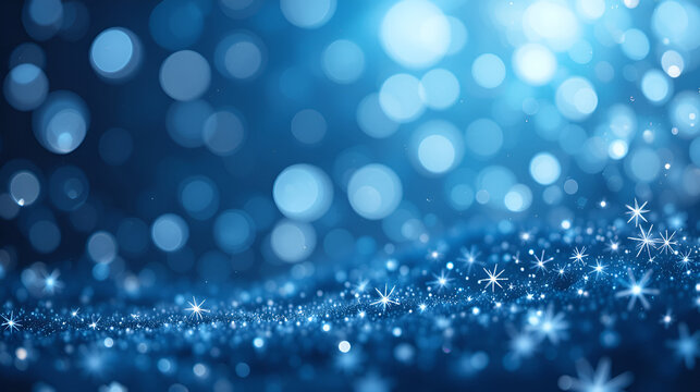 toy Christmas blue snowflakes covered with sparkles in the air glisten in the light with shallow depth of field giving a lot of bokeh effects. Christmas festive blank. 3d render