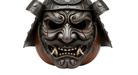 Intimidating Samurai Oni mask with fierce expression and ancient warrior helmet detail