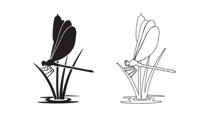 Damselfly perched on reeds, black and white outline