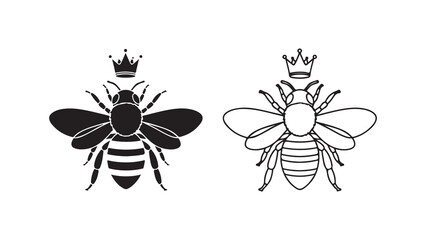 Bee icon with crown, black and white outline