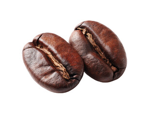 Two roasted coffee beans, close-up, isolated