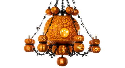 Spooky Halloween pumpkin chandelier with carved designs and flickering candle lights creates festive atmosphere
