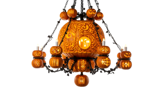 Spooky Halloween pumpkin chandelier with carved designs and flickering candle lights creates festive atmosphere