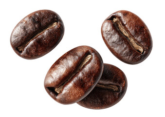 Close-up of four roasted coffee beans.  Dark brown, slightly textured, oval-shaped beans, with visible ridges and grooves.  Isolated against a black background
