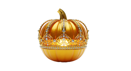 Regal golden pumpkin adorned with sparkling diamonds and ornate crown, a luxurious autumn symbol