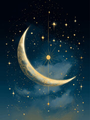 Naklejka premium Mystical Celestial Moon Spiral Vector Background with Stars for Presentation or Print Design