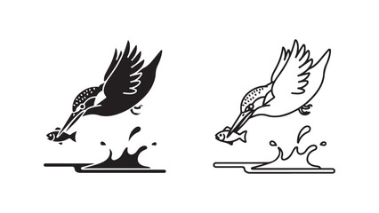 Heron catching fish in water outline style